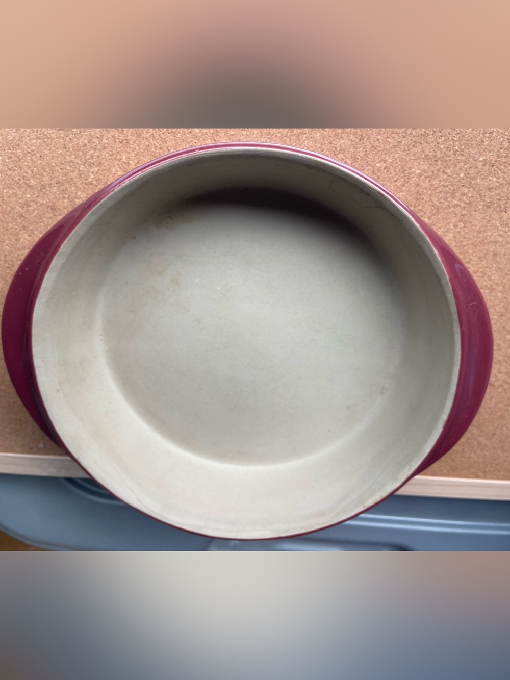 The Pampered Chef Round Ceramic Baking Dish - Burgundy Exterior, Cream Interior